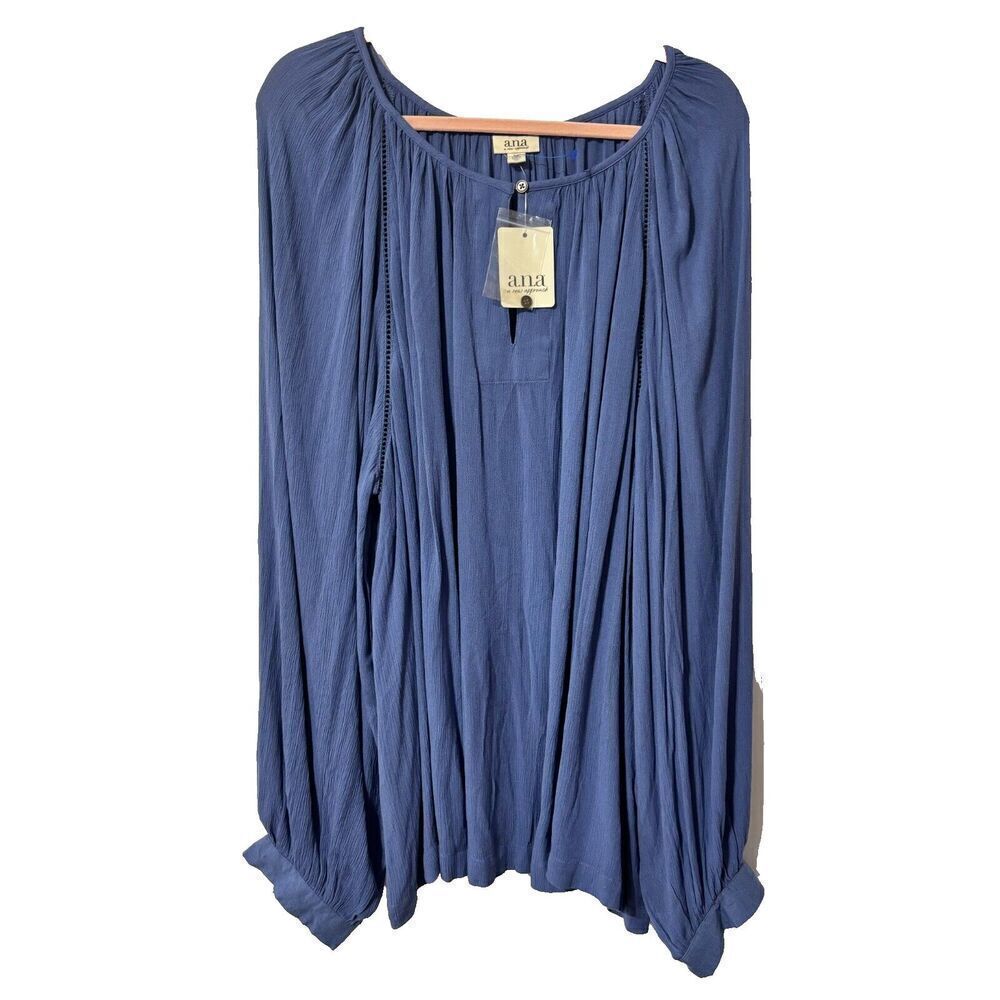NWT A.N.A Women's Blouse Top Bijou Blue 5X Pleated Scoop‎ Neck Balloon Sleeve